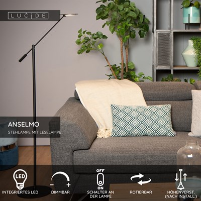Lucide ANSELMO - Stehlampe Mit Leselampe - Ø 25 cm - LED Dim. - 1x9W 3000K - Schwarz